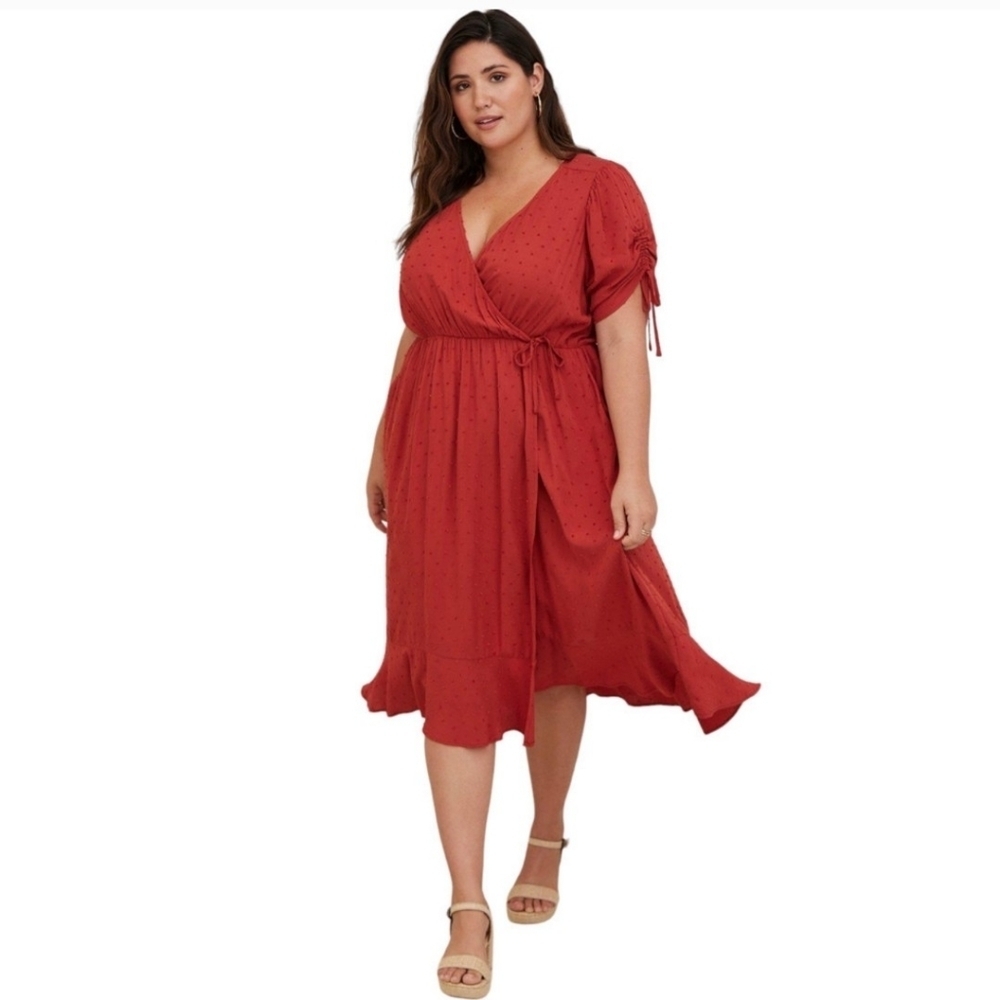 Plus Size Rust Red Faux Wrap Midi Dress